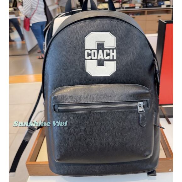 NWT Coach Leather West Backpack With Varsity Motif CAK16 Gunmetal/Black/Chalk - Picture 1 of 5